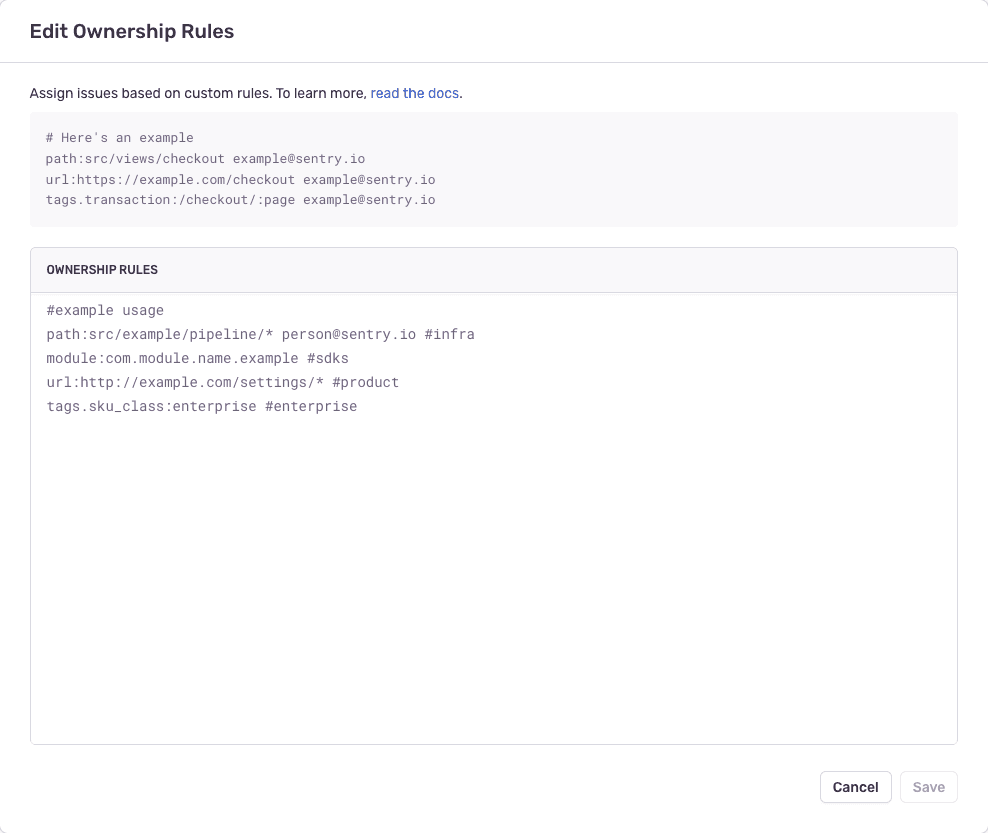 Configuration options for defining ownership rules in project settings.